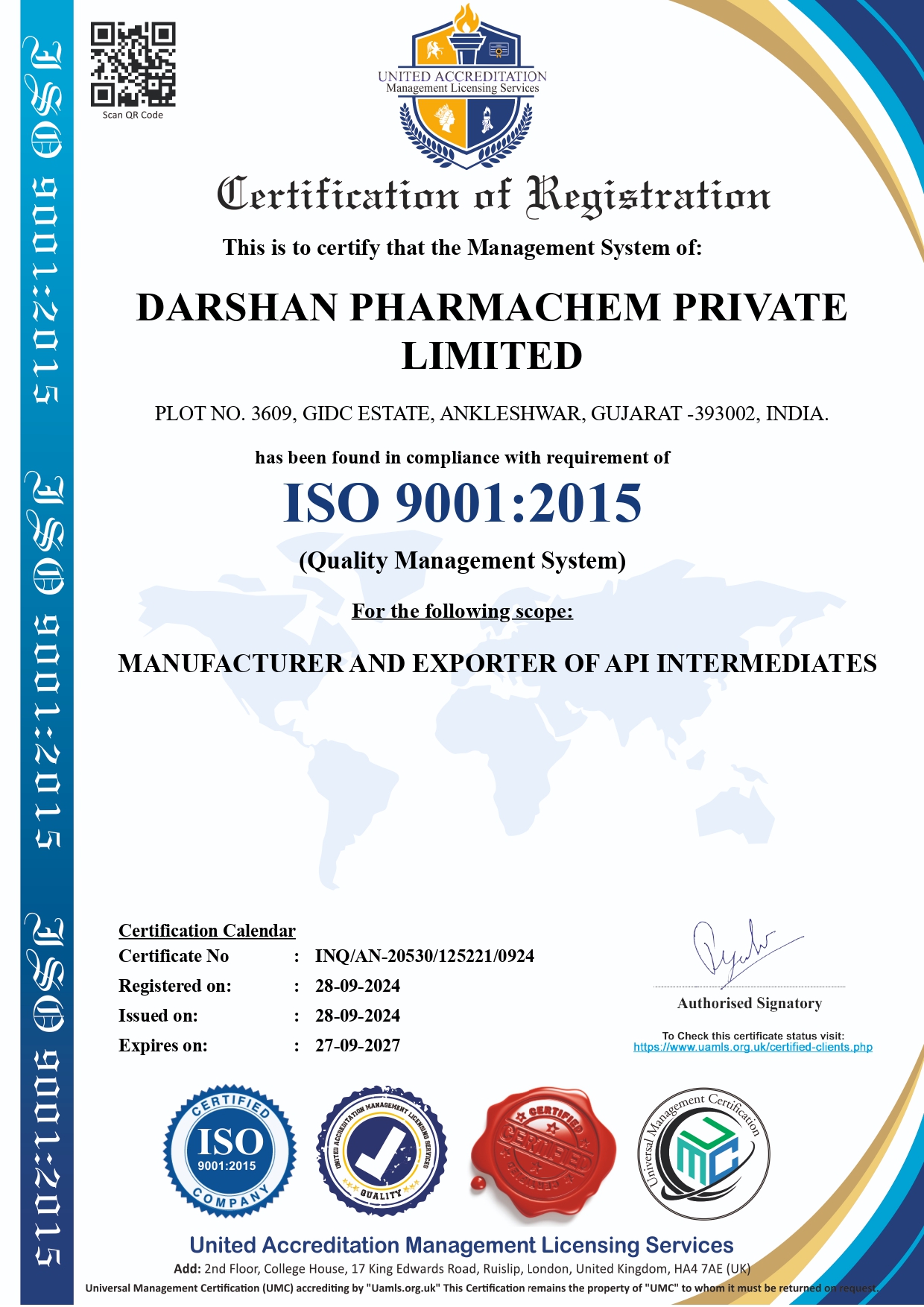 ISO 9001:2015 of Darshan Pharmachem